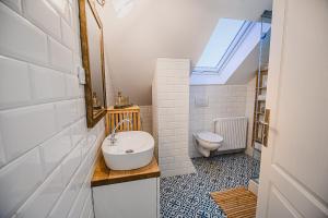 bagno con lavandino bianco e servizi igienici di Apartments Zora with Terrace near Terme Paradiso a Dobova