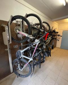 uma bicicleta num suporte para bicicletas num quarto em Apart Haus Alpenhof em Lermoos