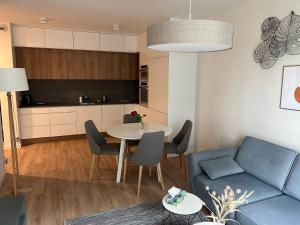 ein Wohnzimmer mit einem blauen Sofa und einem Tisch in der Unterkunft Apartament Mieszczański Klima-ParkigFree2x-Netflix-YouTube in Breslau