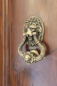a bronze door knob with a lion head on a wooden door at Dorinda Rooms in Alicante