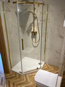 y baño con ducha y aseo. en Apartamenty Ustronie Morskie 31B3, en Ustronie Morskie