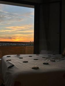 Bett in einem Zimmer mit Blick auf den Sonnenuntergang in der Unterkunft T2 tout confort climatisé de Lilou in Aix-en-Provence