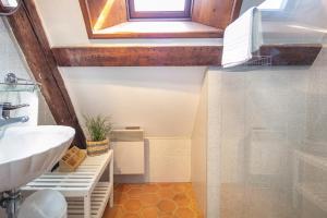 La salle de bains est pourvue d'un lavabo et d'une fenêtre. dans l'établissement Les Tourelles - Duplex au Château d'Uriage, à Saint-Martin-dʼUriage