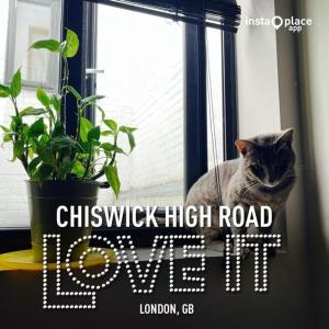 um gato sentado numa janela ao lado de uma planta em Bitcoin Adorabile suite nel cuore del magnifico Chiswick em Londres