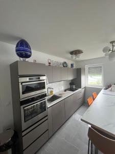 uma cozinha com utensílios de aço inoxidável e uma mesa em Appartement Familial avec Vue sur La Tour Eiffel em Clichy