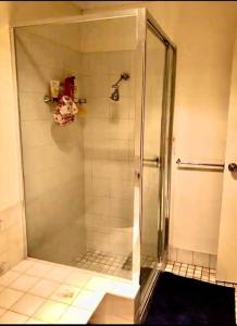 カルグーリーにあるDiggers Dealers Accommodationのバスルーム(ガラスドア付きのシャワー付)