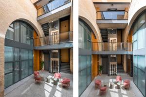 zwei Bilder eines Gebäudes mit roten Stühlen und einem Balkon in der Unterkunft Suites Maestranza - Herrería by Magno Apartments in Sevilla + 37 Fotos