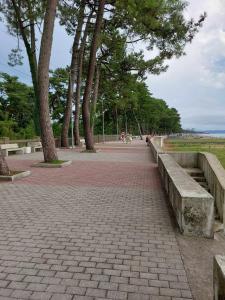 a park with trees and a brick walkway with benches at Guest House GioRgi in Kobuleti