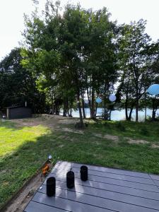 a picnic table on a deck with a view of a park at Przystanek Krag - kazdy domek ma prywatna balie! Do tego wlasna prywatna plaza, pomost, lodka, kajaki, strefa ciszy, darmowy parking, grille , miejsce na ognisko in Krąg