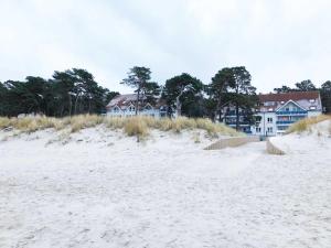 uma praia arenosa com casas ao fundo em Blaumuschel Haus A Wohnung 18 - DH em Lubmin