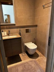 a bathroom with a toilet and a sink at Cosy 1 bedroom Burj Khalifa view in Dubai