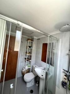 uma casa de banho com um WC, um lavatório e um chuveiro em Apartamento en el casco antiguo. em Altea