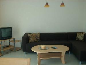 a living room with a couch and a coffee table at Ferienwohnungen mit Boot DH-20952 in Lubmin +7 photos