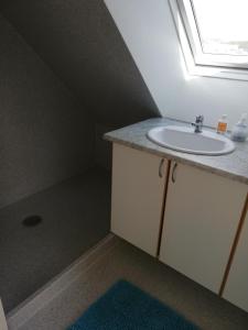 baño con lavabo y ventana en Hunetorpvej Holiday Apartment, en Blokhus