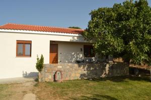 uma casa branca com uma árvore e uma parede de pedra em Villa Potamia em Samothráki