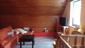a living room with a couch and a tv at Tom`s Hütte in Udler