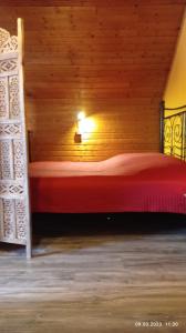 a bedroom with a bed with a wooden wall at Tom`s Hütte in Udler