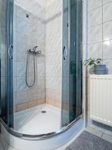 a shower with a glass door in a bathroom at Shiny Buda Studio in Budapest