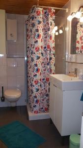 La salle de bains est pourvue d'une douche, de toilettes et d'un lavabo. dans l'établissement Tom`s Hütte, à Udler