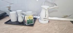 un frullatore e tazze su un vassoio su un bancone di Sala apartment's a Sarandë Altre 74 foto