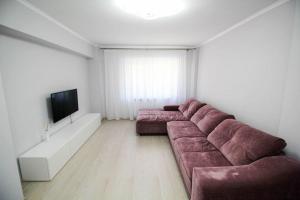 een woonkamer met een bank en een flatscreen-tv bij Luxuriously flat fully equipped quality appliances in Tulcea