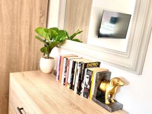 a book shelf with books and a toy dog on it at Northumberland Boutique Guest House #5 in Coventry