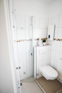a white bathroom with a toilet and a shower at Ferienwohnung Salinchen in Bad Rothenfelde