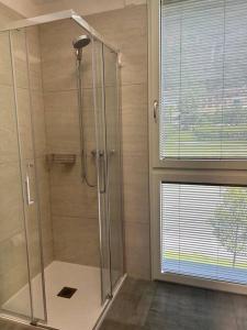 a shower stall in a bathroom with a window at LabPark Luxury Apartment in Melano
