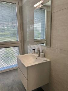 a bathroom with a sink and a mirror at LabPark Luxury Apartment in Melano