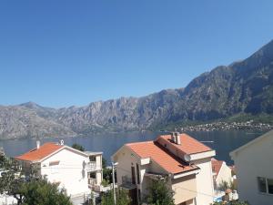 una vista de un cuerpo de agua con casas y montañas en Mir, en Kotor