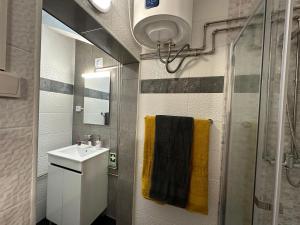 a bathroom with a sink and a shower at Casa da Nogueira in Porto Moniz