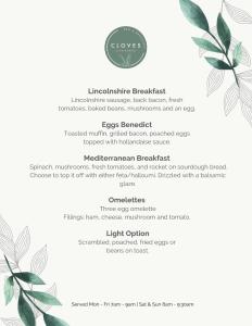 a menu for a restaurant with green leaves at Cloves Boutique Bed & Breakfast in Cleethorpes
