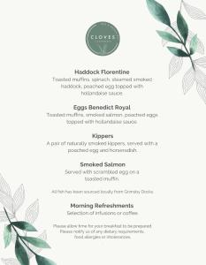een menu voor een restaurant met groene bladeren bij Cloves Boutique Bed & Breakfast in Cleethorpes