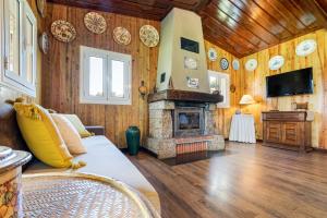 uma sala de estar com lareira e paredes de madeira em Sé Apartamentos - Chalé da Caniçada em Rio Caldo
