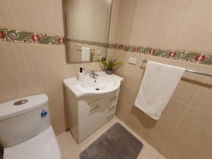 uma casa de banho com um WC, um lavatório e um espelho. em Grandhome Melbourne Airport & Shops em Melbourne