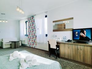 um quarto de hotel com uma cama e uma televisão de ecrã plano em Hotel Cykada em Wielki Głęboczek