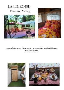 a collage of photos of a campervan with a table and a bed at L'ancien café in Brocourt