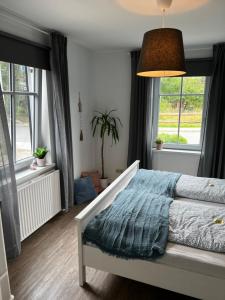 a bedroom with a bed with a blue comforter and two windows at Ferienwohnung Sonnentraum in Bannesdorf