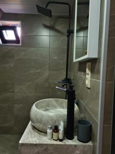 a bathroom with a stone sink and a mirror at Trip Zone Kazbegi in Kazbegi