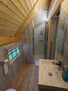 a bathroom with a sink and a mirror at Woods Meadow Glamping in West Malling