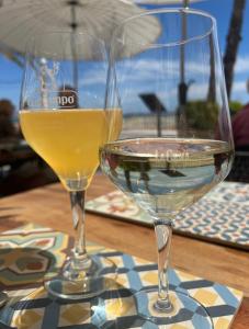 dos vasos de vino blanco sentados en una mesa en Casa Lotus, en Altea