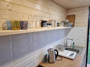 a kitchen with a sink and a counter with dishes at Rita Sapnis in Nida