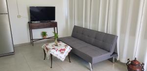 uma sala de estar com um sofá e uma mesa com uma planta em אירוח בעמק המעיינות מול הגילעד em Bete-Seã