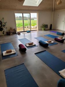uma sala de ioga com tapetes azuis no chão em Atma Guesthouse - cozy and simple bed & breakfast in the countryside em Marstal