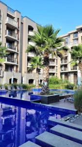 a swimming pool with a palm tree in front of a building at Wonderful Deluxe Appartement in Cascadas Family Resort in Sunny Beach