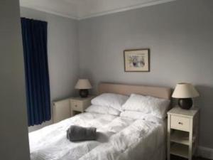 a bedroom with a bed and two night stands with lamps at The Highlands - Nr Rye - Tennis Court in Iden