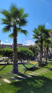 two palm trees with a hammock in a park at Wonderful Deluxe Appartement in Cascadas Family Resort in Sunny Beach