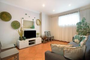 uma sala de estar com um sofá e uma televisão em Akademia House - Cantinho da Nazaré na Nazaré
