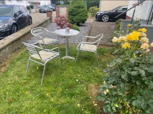 einen Tisch und Stühle im Gras mit Blumen in der Unterkunft TRUTH Studio für 3 - Küche - Top Internet - Parkplatz - Modern in Dortmund