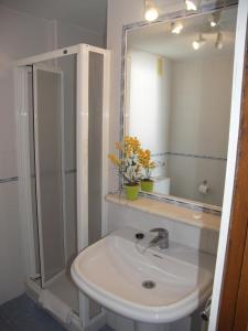 a bathroom with a sink and a shower and a mirror at Apartamentos Lual Torrecilla in Nerja